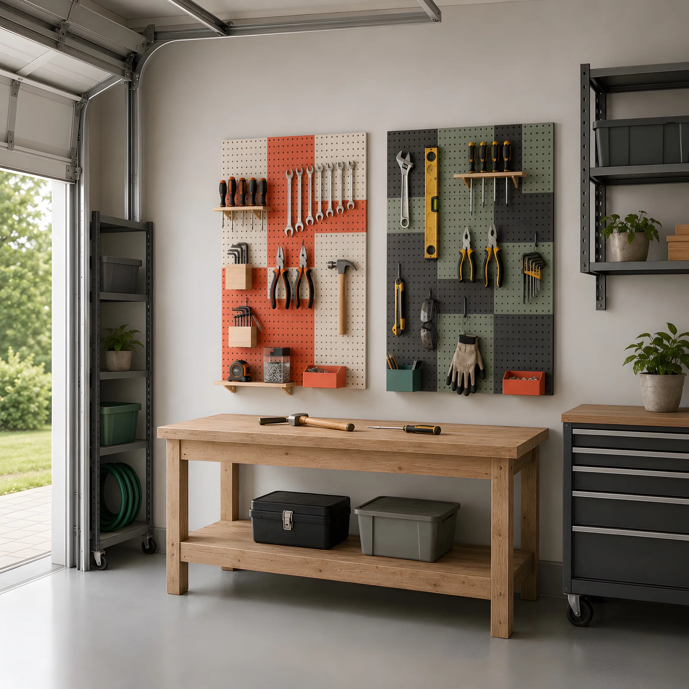 Garage workbench and tool wall