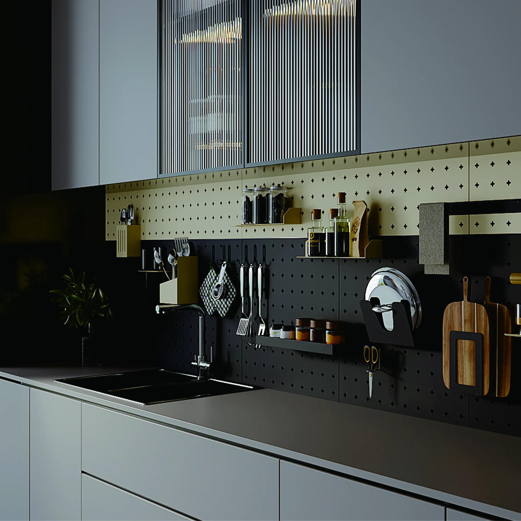 Kitchen wall organization using pegboards