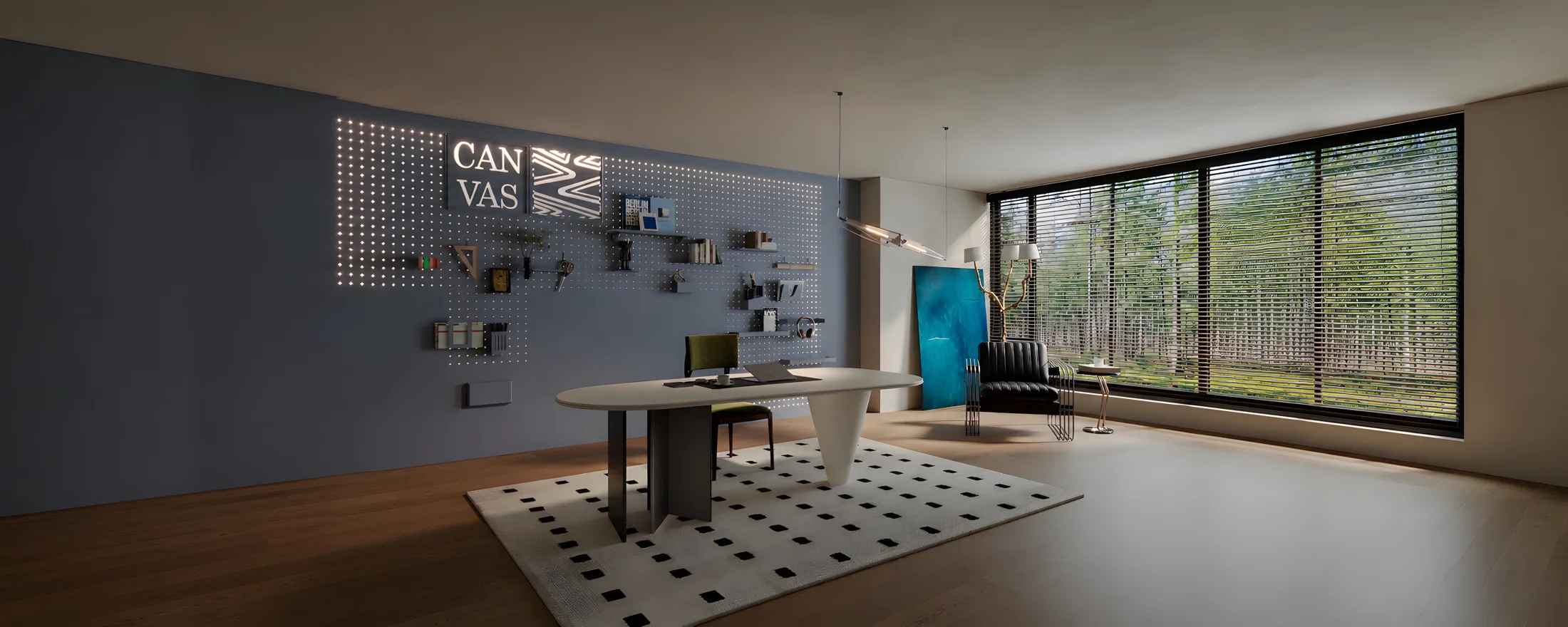 Creative office with pegboard wall